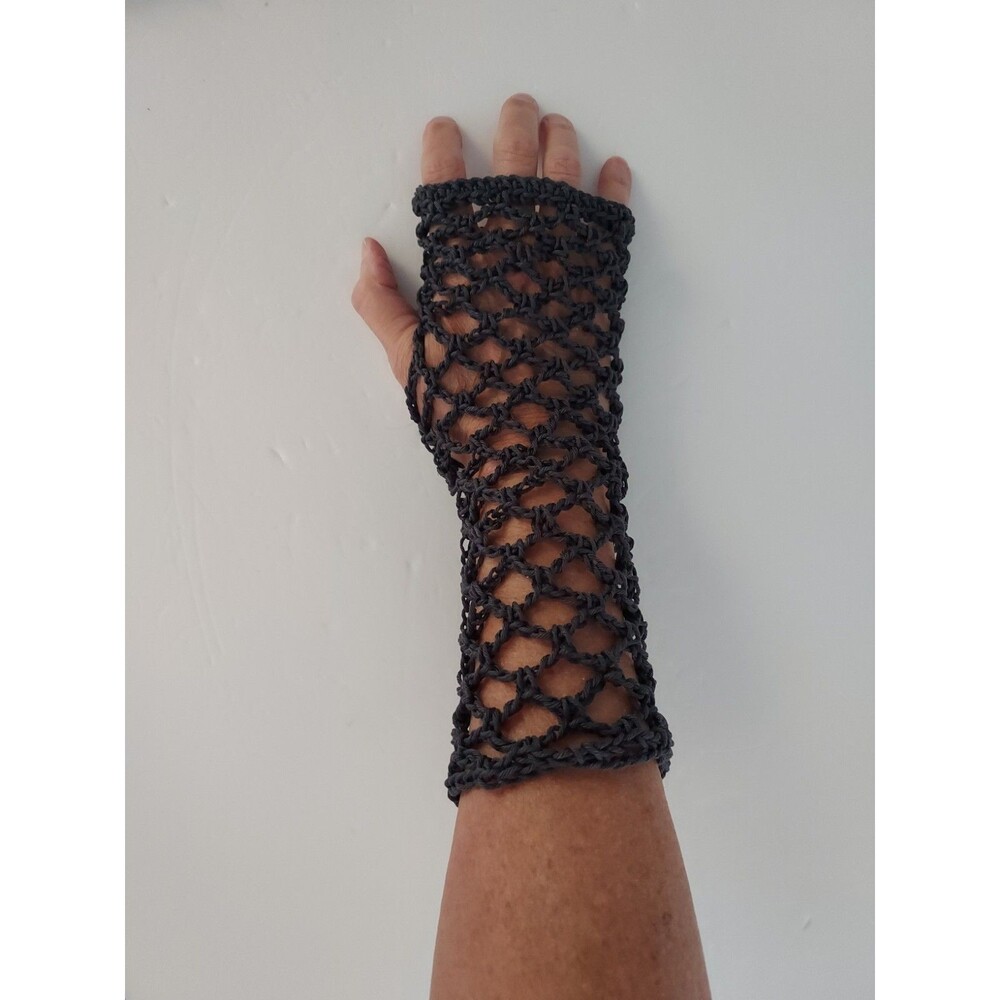 Fishnet Homemade Gray Crochet Long Fingerless Gloves Mesh Goth Cotton NEW